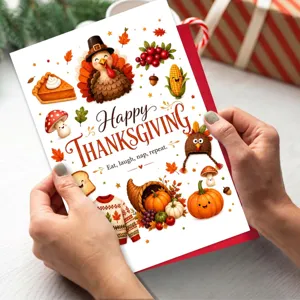 Cute Thanksgiving greeting card with turkey and pumpkin illustrations for holiday wishes.