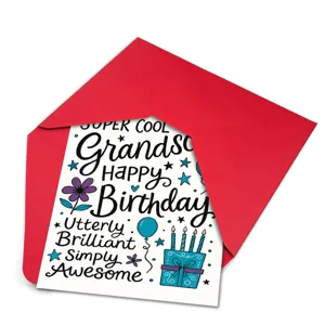 Creative birthday greeting card for grandson with red envelope, premium custom design.
