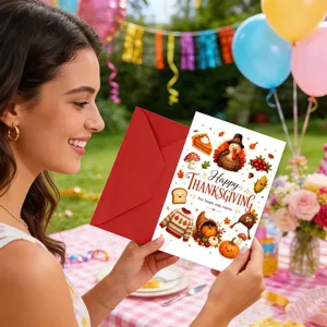Close-up detail of a cute Thanksgiving greeting card with envelope in outdoor setting.