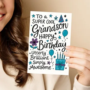 Detailed shot of a creative birthday greeting card for grandson with cute hand-drawn illustrations.