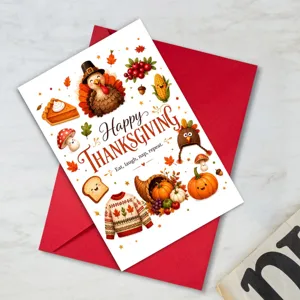 Close-up detail of the cute Thanksgiving greeting card featuring turkey and autumn pumpkin illustrations.