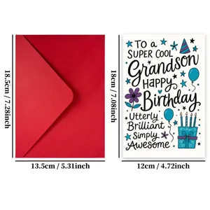 Detailed view of a creative birthday greeting card for grandson with matching red envelope.