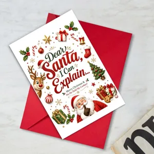 Detailansicht der Weihnachtsgrußkarte mit rotem Umschlag, lustigem Feiertags-Cartoon-Design.