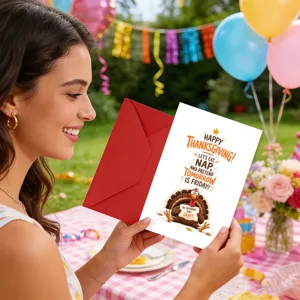 Divertente biglietto d'auguri del Ringraziamento con tacchino e busta rossa regalo.