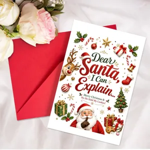 Weihnachtsgrußkarte mit rotem Umschlag, lustiges Cartoon-Santa-Design für Wünsche und Geschenke.