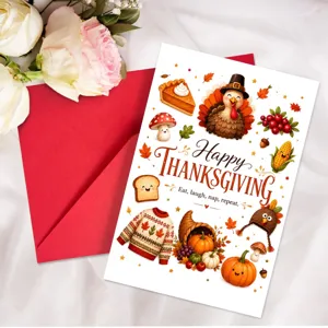 Thanksgiving greeting card set with red envelope, cute autumn pumpkin turkey design.