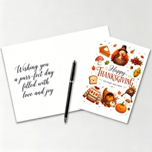 Thanksgiving greeting card with cute turkey pumpkin illustrations and blessing text.
