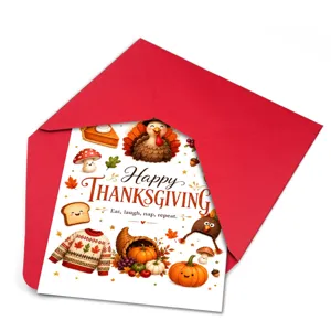 Cute Thanksgiving greeting card with envelope, featuring turkey and pumpkin design for holidays.