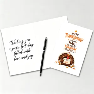 Set di biglietti d'auguri per il Ringraziamento con tacchino carino e citazioni divertenti.