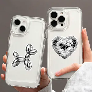 Vue détaillée de coques transparentes avec autocollants chien ballon et cœur disco.