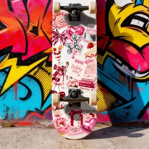 Skateboard esthétique décoré d'autocollants roses pour filles, design de rue tendance.