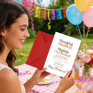 Primo piano di un biglietto d'auguri per il Thanksgiving con tipografia divertente e busta.