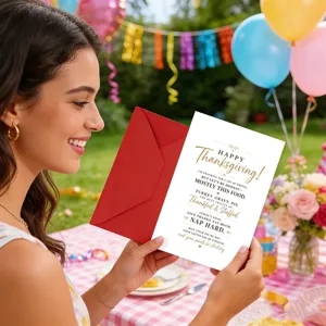 Biglietto di auguri per il Ringraziamento con busta rossa, design divertente per regali.