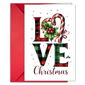 Biglietto d'auguri di Natale con busta rossa, motivo scozzese e design con scritta LOVE.