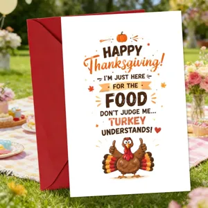 Ευχετήρια κάρτα Thanksgiving με κόκκινο φάκελο, αστεία γαλοπούλα, γιορτινό δώρο.