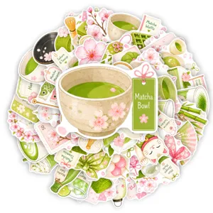 Detailansicht des japanischen Matcha und Kirschblüten Sticker Sets, wasserfeste Aufkleber.
