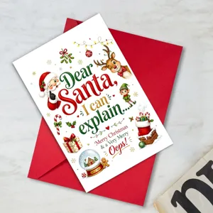 Set di biglietti d'auguri natalizi con testo divertente e busta rossa per le feste.