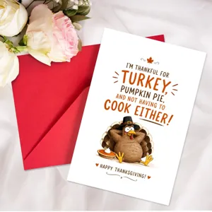 Biglietto d'auguri per il Thanksgiving con tacchino divertente e busta rossa per feste.
