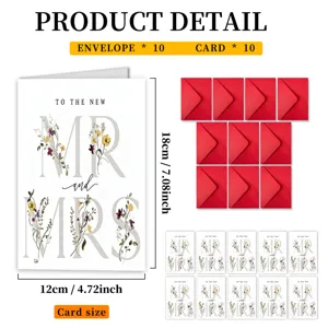 Wedding greeting card set with 10 cards and red envelopes, elegant floral design, 12x18cm size.