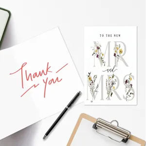 Minimalist wedding greeting cards set with floral Mr and Mrs design and thank you cards for couples.