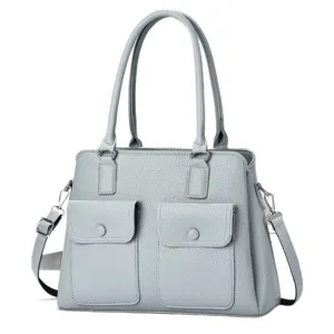 Grey leather tote bag for women, large capacity shoulder bag with double handles and front pockets.