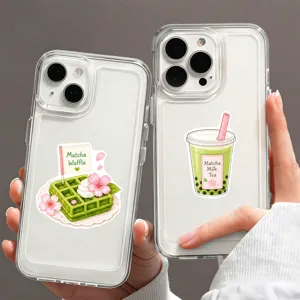Detailansicht der transparenten Handyhülle mit süßem Matcha Waffle und Milktea Design.