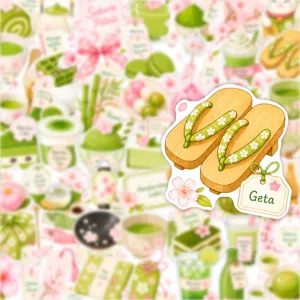 Japanischer Matcha-Thema Holz-Geta-Sandalen-Aufkleber süßer wasserdichter Deko-Sticker Detailansicht