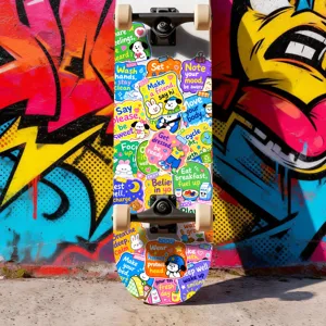 Skateboard graffiti colorato con simpatici adesivi di cartoni animati e frasi inglesi motivazionali.