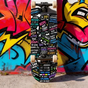 Trendy sticker bomb skateboard met grappige slogans, cool streetstyle graffiti deck!