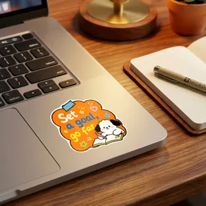 Simatico adesivo con cucciolo di cartone animato e citazione motivazionale per laptop e diario.