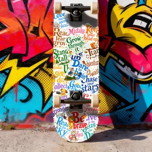 Skateboard figo con adesivi di citazioni motivazionali e simpatici animali cartoon.