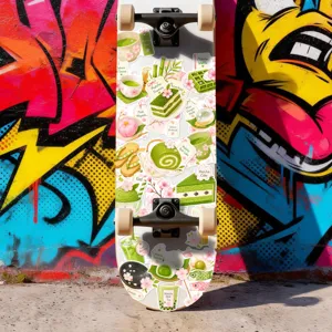 Japanisches Matcha-Style Skateboard, verziert mit süßen grünen Lebensmittelaufklebern.