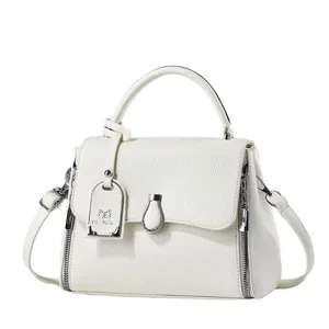 Elegant white PU leather top-handle crossbody bag, versatile small square bag for daily wear.