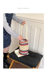 Koreanische Retro Strohgewebte Eimer Tasche Freizeit Handtasche Mode Schulter Tasche