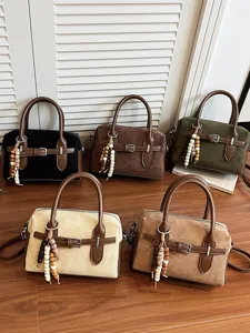 Stylish women vintage suede pillow bag handbag crossbody shoulder bag with beads charm.