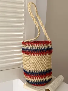 Damen Koreanisch Retro Stroh Eimertasche Handgewebte Gestreifte Kordelzug Umhängetasche Lässige Strand Sommer Handtasche Für Damen