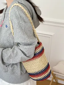 Retro Stroh gewebte Eimer Tasche für Frauen, lässige gestreifte Schultertasche Handtasche.