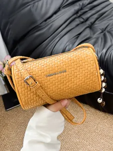 Dames Retro Geweven Patroon Cilindrische Crossbody Tas Stijlvolle PU-Leer Schouder Onderarm Tas Met Ritssluiting Casual Mode Handtas