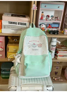 Koreanischer Stil mintgrüner Leinwand Schulrucksack mit süßem Tierdruck für Schüler.