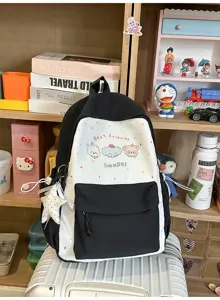 Canvas Rucksack für Damen, Harajuku Schulrucksack mit süßem Cartoon Tierdruck und schwarz weiß.