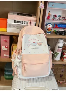 Rosaweißer Segeltuch Schulrucksack süßes Cartoon Grafik College Stil lässiger Tagesrucksack