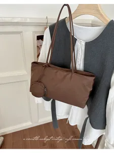 Brown nylon shoulder tote bag with mini coin purse for women daily commute casual style