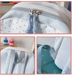 Detail view of light blue polka dot backpack zipper and shoulder strap construction