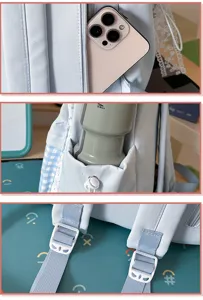 Detailed view of light blue Japanese style school backpack with side pocket and shoulder straps.