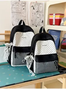 Cute Japanese style black and white polka dot plaid backpack for student school use