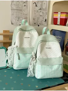 Japanese style sweet polka dot canvas student backpack detail view with cute lace.