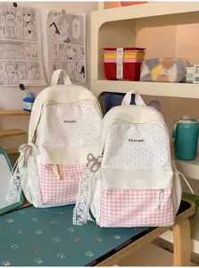 Japanese cute school backpack, large capacity sweet pink polka dot and plaid design for students.