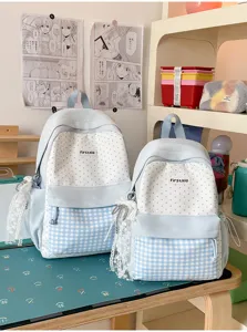 Japanese cute blue polka dot plaid school backpack set with lace decoration for students.