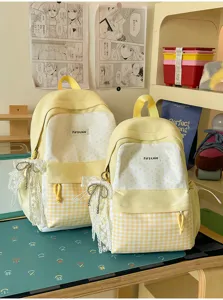 Cute Japanese style yellow polka dot backpack set with plaid, lace, and bow for student daily use