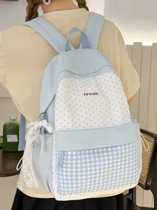 Large capacity student backpack cute Japanese style polka dot and plaid school bag for teenagers